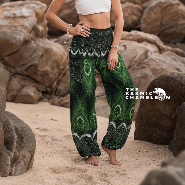 Sarouel vert plumes de paon femme pantalon hippie vêtements de détente confortables pantalons de yoga ample festival d'été bohème plage