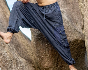 Mens Dark Blue Stonewashed Cotton Harem Pants Swirl Design and Pocket Aladdin Trousers Boho Hippy Clothing Festival Clothes