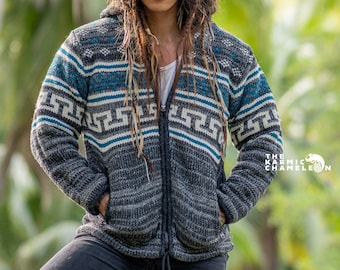 Fairtrade Warm Winter Wool Jacket Grey Teal Double Knitted Thick Fleece Lined Hoodie Coat Nepali Hippie Jumper Zip Aztec Design