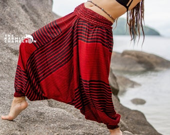 Harem Pants Women Hippie Hippy Yoga Trousers Striped Red & Black Comfy Loungewear Gypsy Boho Aladdin Loose Clothing Baggy Festival