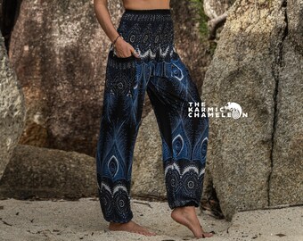 Sarouel noir en plumes de paon femme hippie hippie confortable vêtements de détente pantalons de yoga ample festival été bohème plage