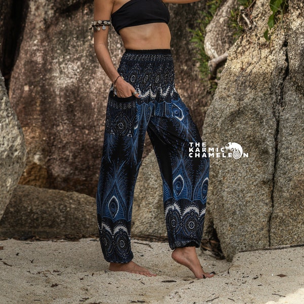 Sarouel noir en plumes de paon femme hippie hippie confortable vêtements de détente pantalons de yoga ample festival été bohème plage