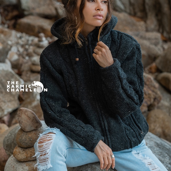 Manteau gris chaud en laine Veste Aran en double maille épaisse doublée de polaire Pull à capuche hippie népalais en tricot torsadé anthracite avec fermeture éclair