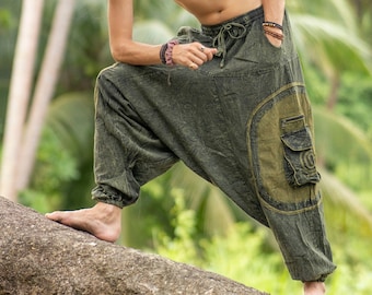 Mens Green Stonewashed Cotton Harem Pants Swirl Design and Pocket Aladdin Trousers Boho Hippy Clothing Festival Clothes