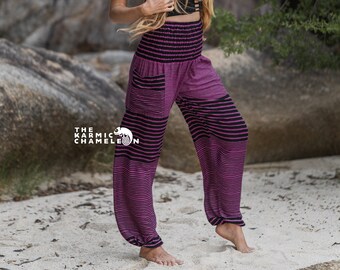 Pink Black Striped Harem Pants Women High Crotch Hippie Pants Comfy Loungewear Yoga Trousers Loose Baggy Festival Summer Boho Beach