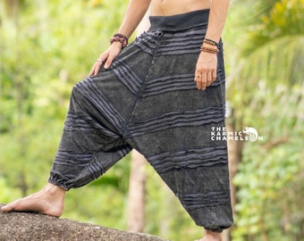 Pantalones harén de algodón gris lavado a la piedra: pantalones hippies de festival con cortes de navaja