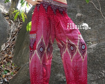 Peacock Feather Harem Pants Hippie Yoga Trousers Red Boho Gypsy Loose Ladies Comfy Loungewear Baggy Festival Pants Trousers