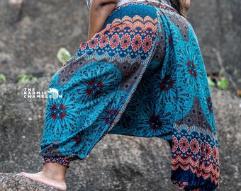 Plus Größe Teal Haremshose Hose Mandala Pfauenfeder Aladinhose Bequeme Loungewear Boho Kleidung Hippie Stil