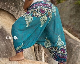 Plus Size Turquoise Harem Pants Women Paisley Mandala Aladdin Pants Comfy Loungewear Boho Clothing Hippie Style Festival Clothing