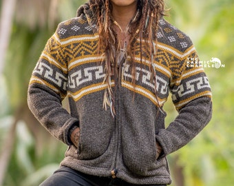 Giacca invernale foderata in pile di lana: caldo cappotto con cappuccio marrone azteco boho hippie