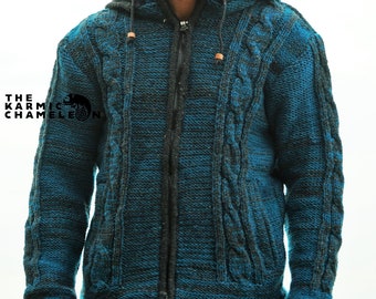 Warm teal wool jacket hoodie with fleece lining, winter coat, aran knit sweater with detachable hood and zipper pockets