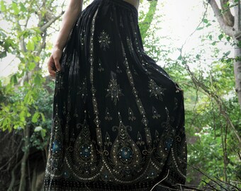 Handmade Embroidered Skirt Maxi Full Length Black Turquoise Sequins Hippie Boho Gypsy