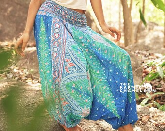 Harem Pants Women Loose Yoga Pants Blue Peacock Feather Comfy Loungewear Hippy Hippie Trousers Summer Festival