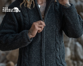 Warm Hippie Jacket Double Knitted Thick Wool Fleece Lined Hoodie Hippy Coat Nepali Grey Charcoal Aran Cableknit Jumper Zip