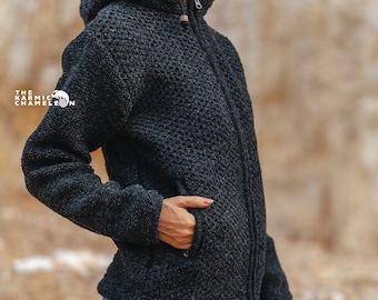 Charcoal Grey Warm Wool Jacket Thick Winter Fleece Lined Hippie Hoodie Coat Nepali Double Knitted Eyelet Inisex Pattern Jumper Zip