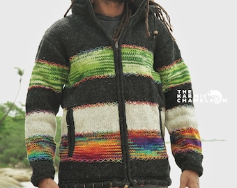 Handmade Wool Fleece Lined Hoodie: Green Hippie Boho Warm Winter Jacket with Detachable Hood, Rainbow Green Grey