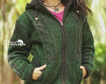 Warm green wool jacket, double knitted thick fleece lined hooded coat, Nepali cableknit sweater with detachable hood and zipped pockets