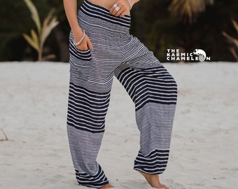 Sarouel rayé bleu marine pour femme, pantalon hippie à entrejambe élevé, vêtements de détente confortables, pantalons de yoga, festival hippie, plage d'été bohème