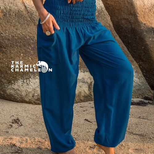 Plain Blue Harem Pants Women High 