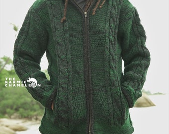 Warm Hippie Jacket Double Knitted Thick Wool Fleece Lined Hoodie Hippy Coat Nepali Green Black Aran Cableknit Jumper Zip