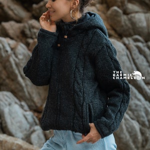 Warm Grey Wool Coat Jacket Aran Double Knitted Thick Fleece Lined Hoodie Hippy Nepali Charcoal Cableknit Jumper Zip image 2