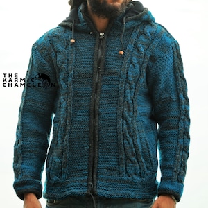 Warm teal wool jacket hoodie with fleece lining, winter coat, aran knit sweater with detachable hood and zipper pockets