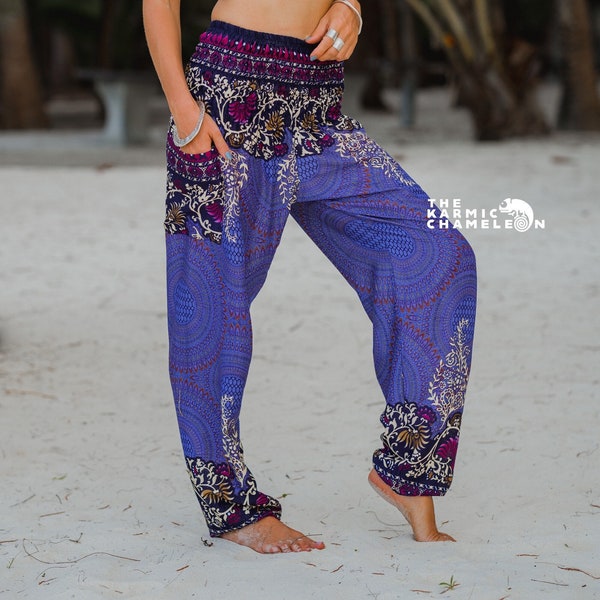 Sarouel bleu violet femme pantalon hippie mandala vêtements de détente confortables cachemire ample festival d'été bohème plage