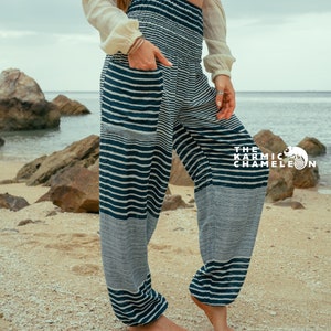 Teal White Striped Harem Pants Women High Crotch Hippie Pants Comfy Loungewear Yoga Trousers Loose Baggy Festival Summer Boho Beach image 1