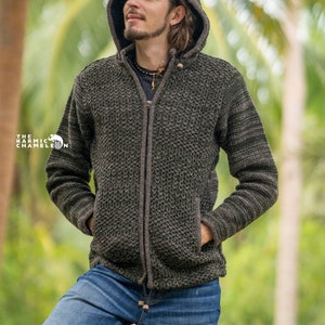 Warm Wool Hoodie Jacket Thick Winter Fleece Lined Hippie Coat Brown Green Nepali Eyelet Net Pattern Jumper Zip Detachable Hood
