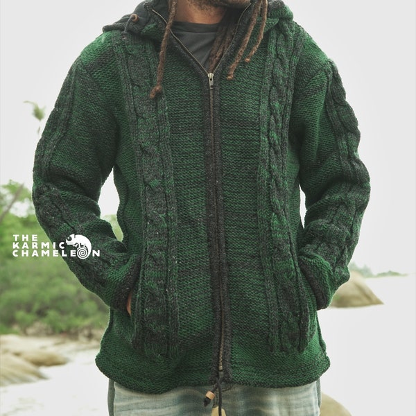 Warm Hippie Jacket Double Knitted Thick Wool Fleece Lined Hoodie Hippy Coat Nepali Green Black Aran Cableknit Jumper Zip