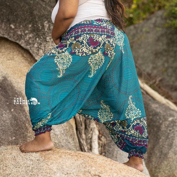 Plus Size Turquoise Harem Pants Women Paisley Mandala Aladdin Pants Comfy Loungewear Boho Clothing Hippie Style Festival Clothing