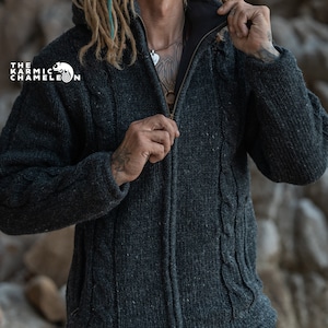 Warm Hippie Jacket Double Knitted Thick Wool Fleece Lined Hoodie Hippy Coat Nepali Grey Charcoal Aran Cableknit Jumper Zip