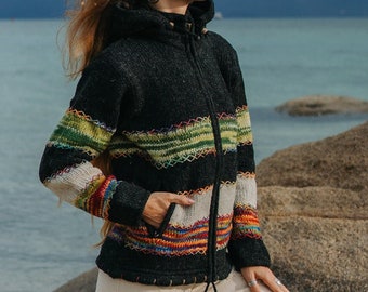 Wool Fleece Lined Hoodie: Nepali Hippie Jacket with Detachable Hood
