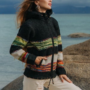 Warm Hippie Jacket Double Knitted Thick Wool Fleece Lined Hoodie Coat Nepali Charcoal Rainbow Jumper Zip