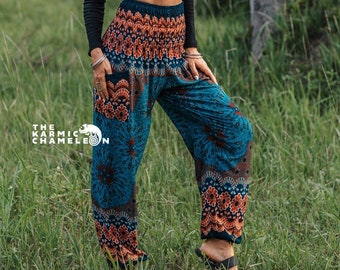 Teal Mandala Harem Pants Women Peacock Feather Hippie Pants Comfy Loungewear Yoga Trousers Loose Baggy Festival Clothing Boho Clothing