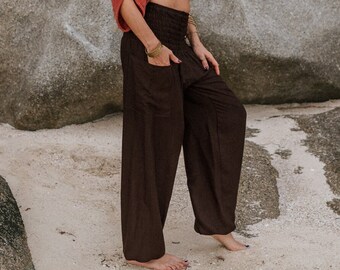 Plain Dark Brown Harem Pants Women High Crotch Boho Hippy Yoga Trousers Loungewear Smock Waistband Loose Baggy Festival Summer Beachwear