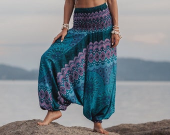 Sarouel mandala turquoise femme plumes de paon hippie hippie pantalon de yoga vêtements de détente confortables gitane bohème festival d'Aladdin