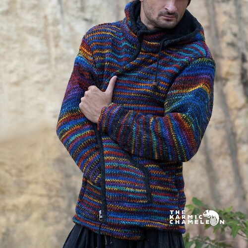 Knitted Men Jacket Woolen Fleece Lined Patchwork High Neck Winter Hippie Jumper 