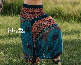 Harem Pants Women Hippie Hippy Yoga Trousers Teal Mandala Peacock Feathers Comfy Genie Pants Gypsy Boho Loose Clothing Baggy Festival Wear