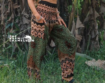 Sarouel vert mandala, pantalon hippie, vêtements de festival, pantalons d'été de retraite de yoga, tenues de plage, smockée extensible à la taille, tailles 6-16