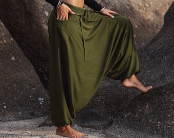 Pantalones Harem para mujer, ropa de descanso cómoda y verde lisa, pantalones de Yoga Hippie de algodón, ropa estilo gitano bohemio, pantalones de Aladdin Alibaba