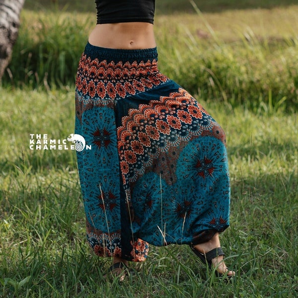 Sarouel femme hippie hippie pantalon de yoga turquoise mandala plumes de paon confortable pantalon génie gitane bohème vêtements amples baggy festival