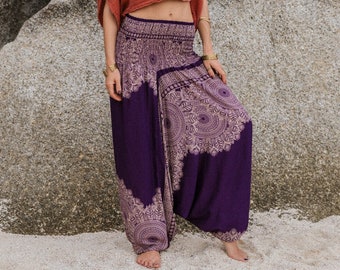 Purple Mandala Harem Pants Women Hippie Hippy Yoga Trousers Genie Pants Comfy Loungewear Gypsy Boho Aladdin Loose Clothing Baggy Dropcrotch