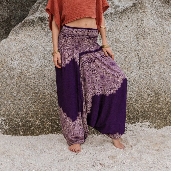 Purple Mandala Harem Pants Women Hippie Hippy Yoga Trousers Genie Pants Comfy Loungewear Gypsy Boho Aladdin Loose Clothing Baggy Dropcrotch