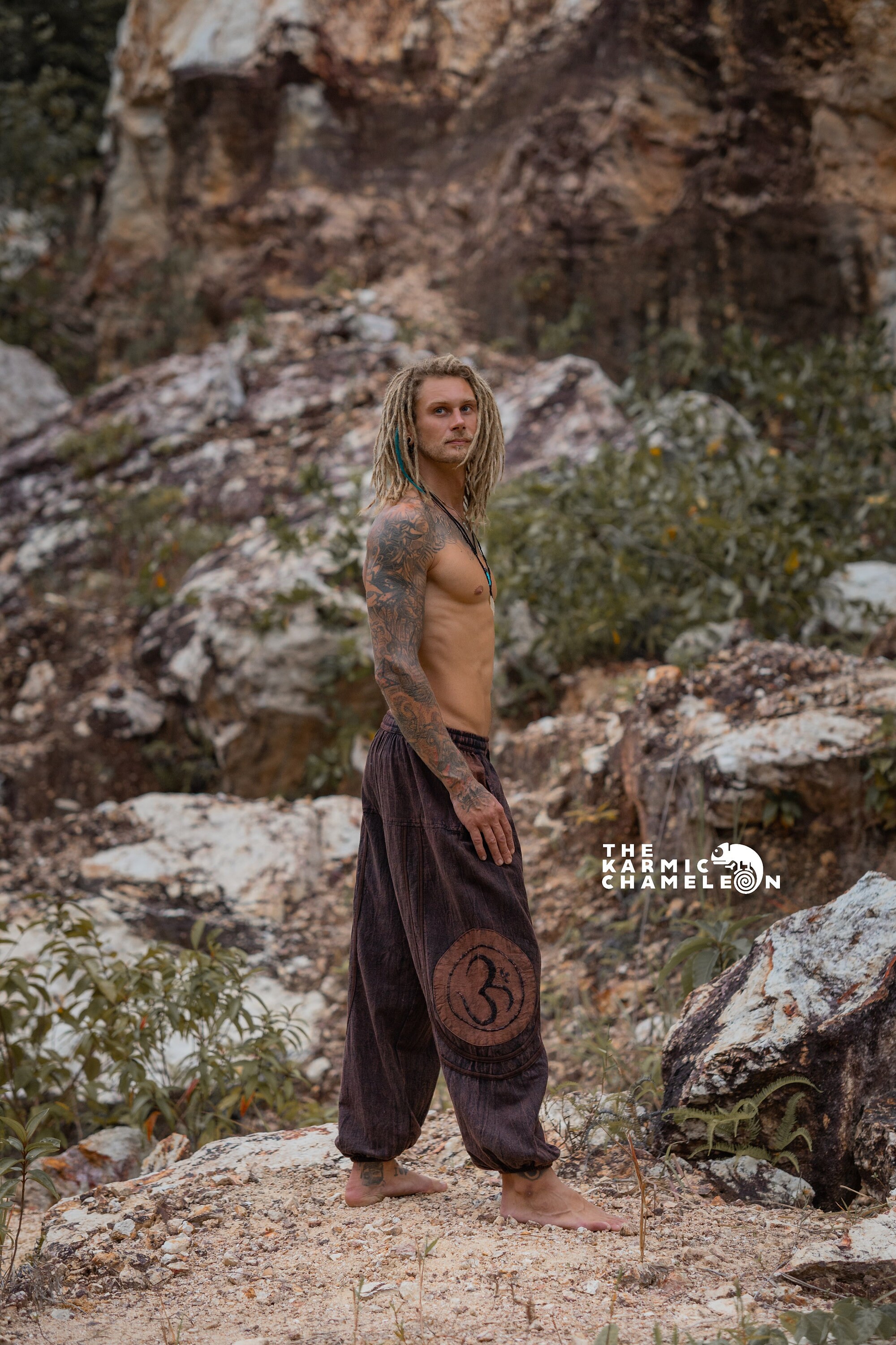 Image of Stonewashed Men High Crotch Harem Pants Hippie Stonewash Brown Om Ohm Symbol Distressed Hippy Skater Yoga Trousers