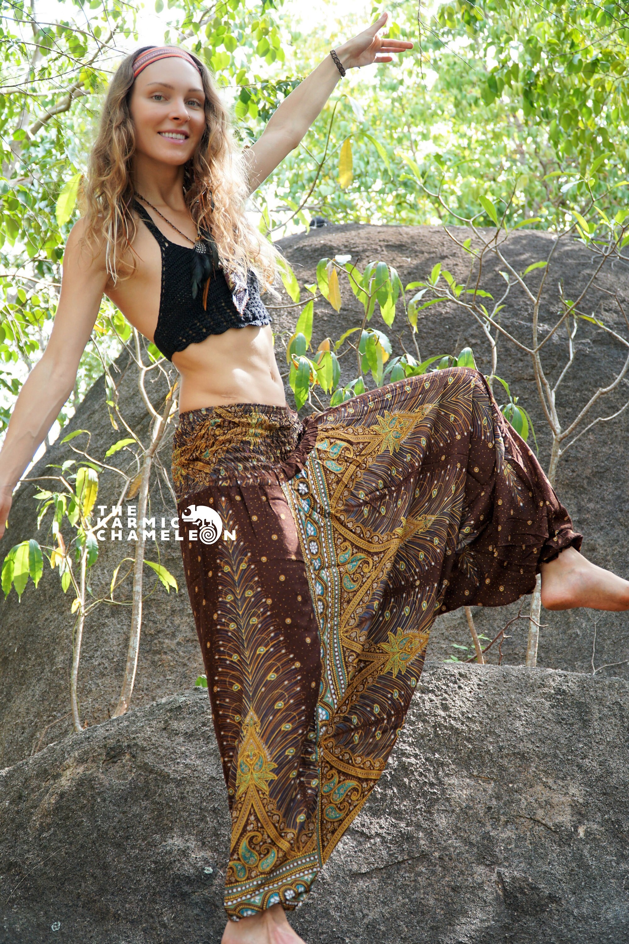 Image of Brown Peacock Feather Harem Pants Women Comfy Loungewear Hippie Hippy Loose Yoga Aladdin
