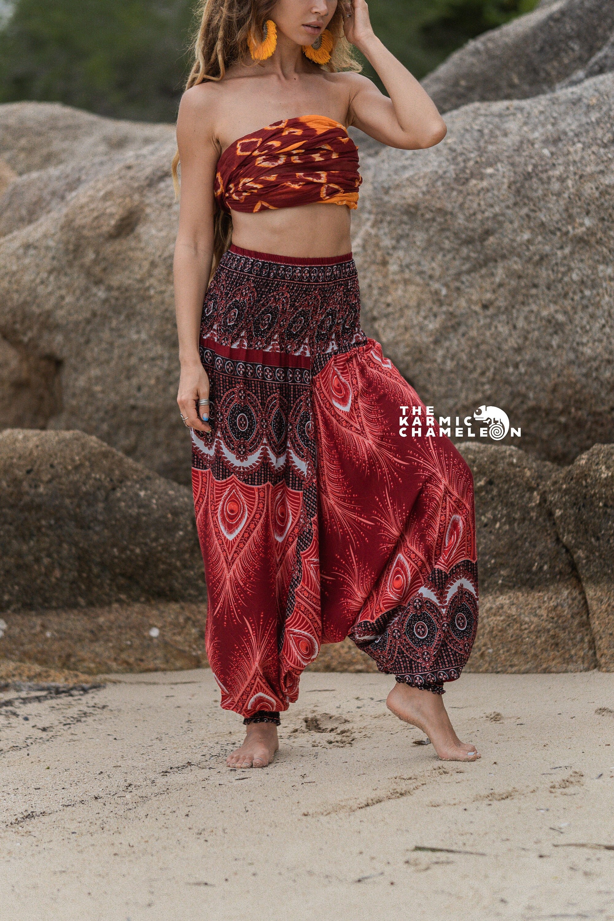 Image of Red Peacock Feather Harem Pants Women Comfy Loungewear Vibrant Loose Yoga Hippy Hippie Trousers Summer Festival