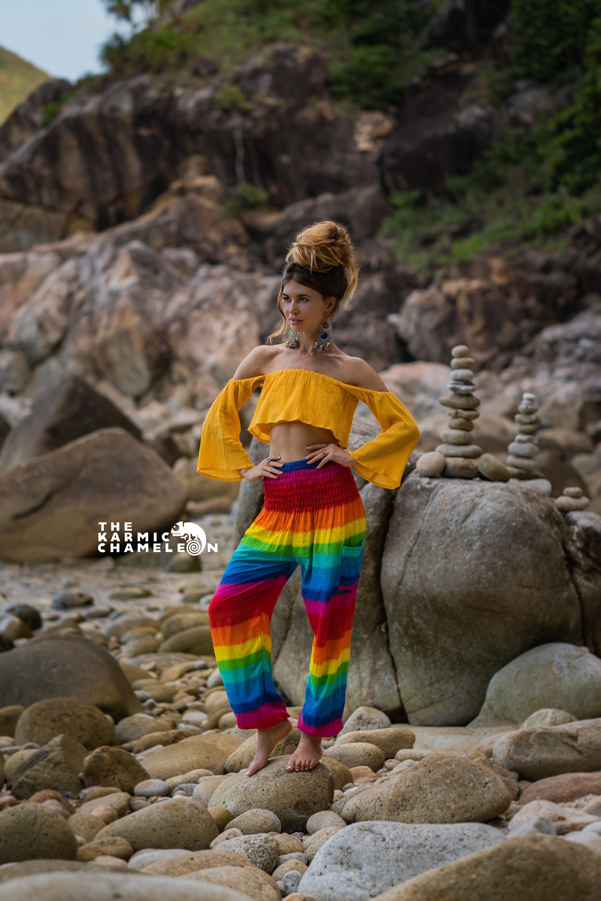 Rainbow Pants Striped Hippie Festival Yoga Straight Leg Pockets Comfy Cotton