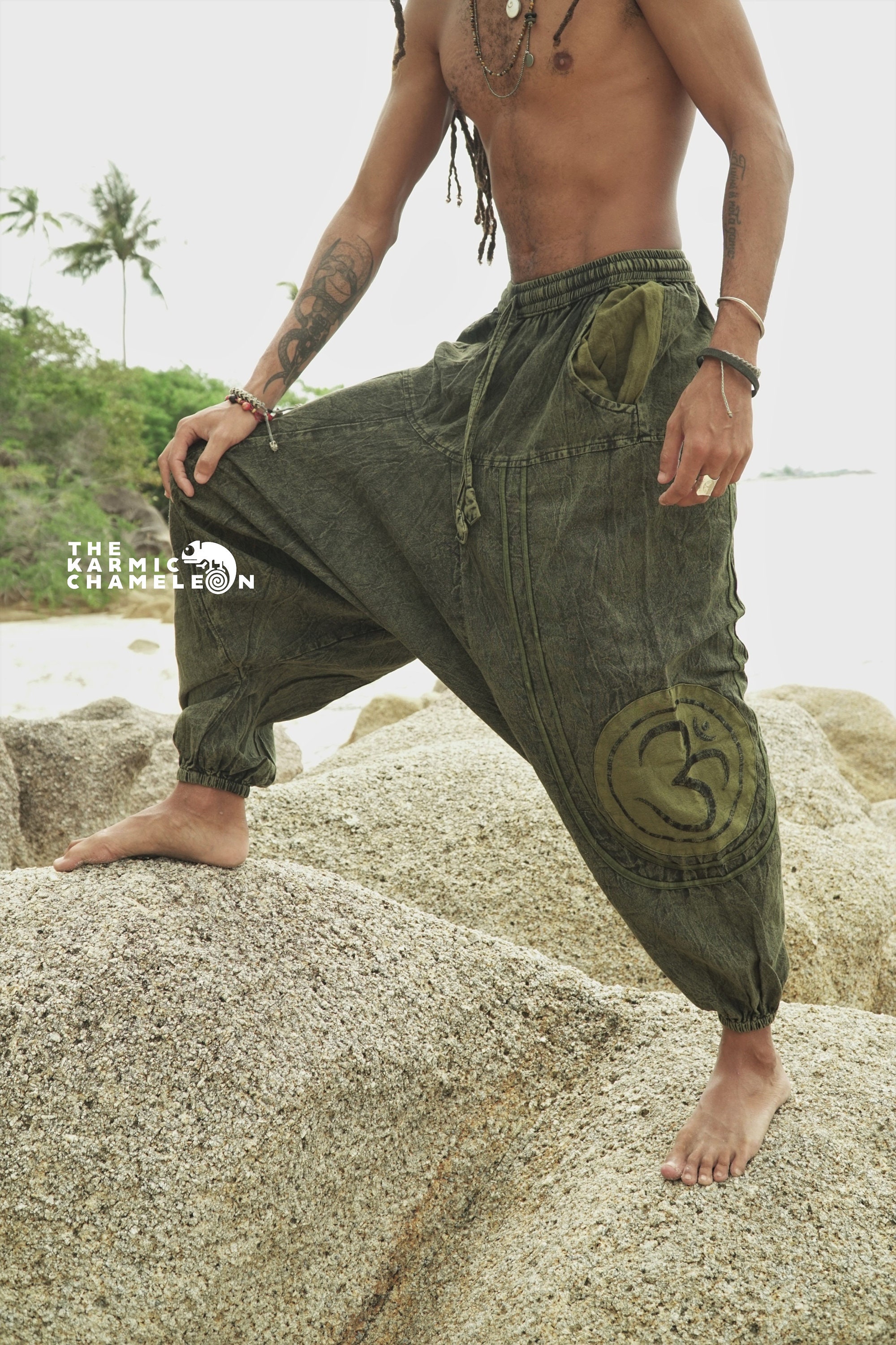 Image of Stonewashed Stonewash Men Harem Pants Hippie Green Om Ohm Symbol Distressed Hippy Clothing Yoga Clothes Trousers