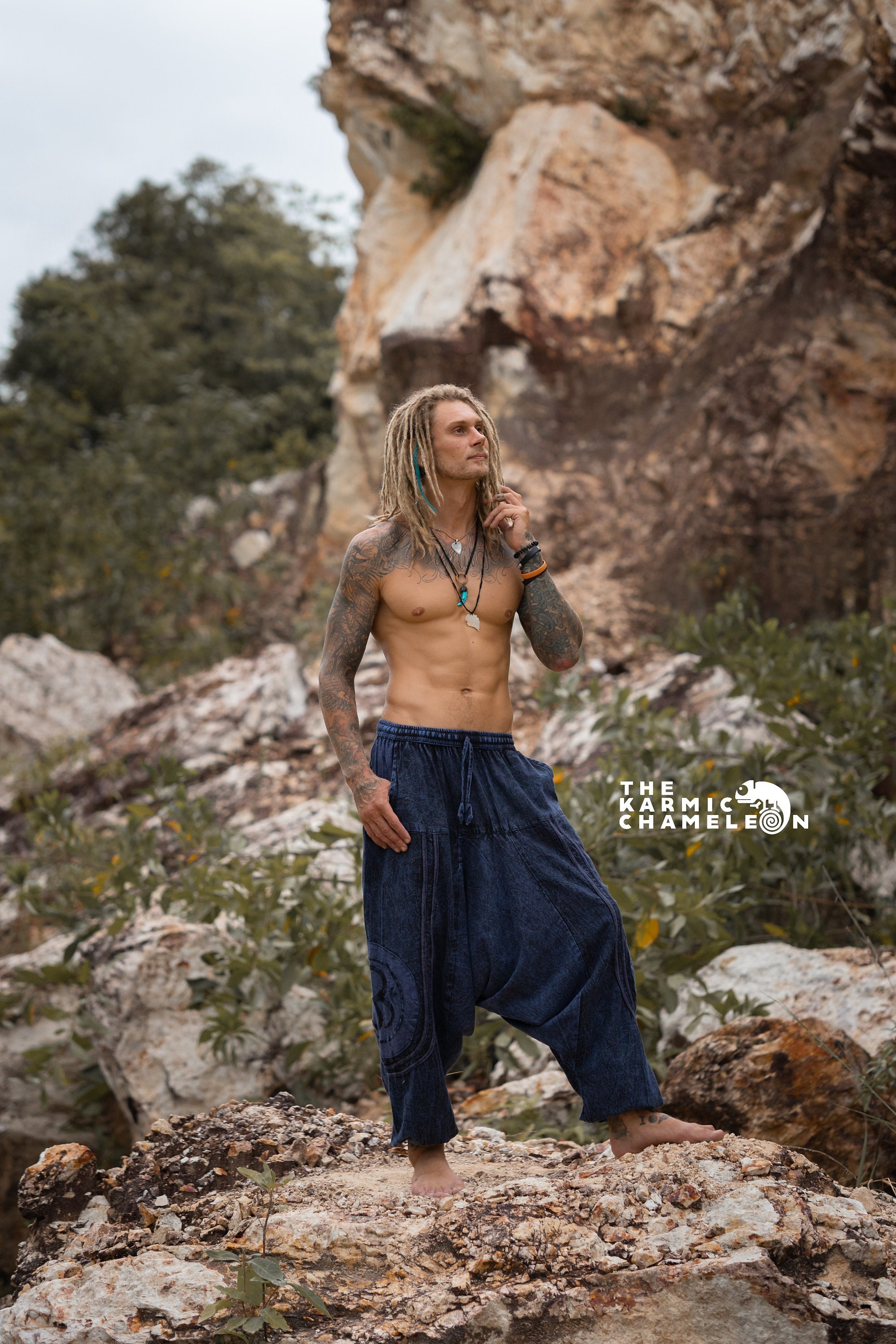 Image of Stonewashed Harem Pants Hippie Hippy Mens Dark Blue Om Ohm Symbol Distressed Stonewash Skater Yoga Clothes Clothing